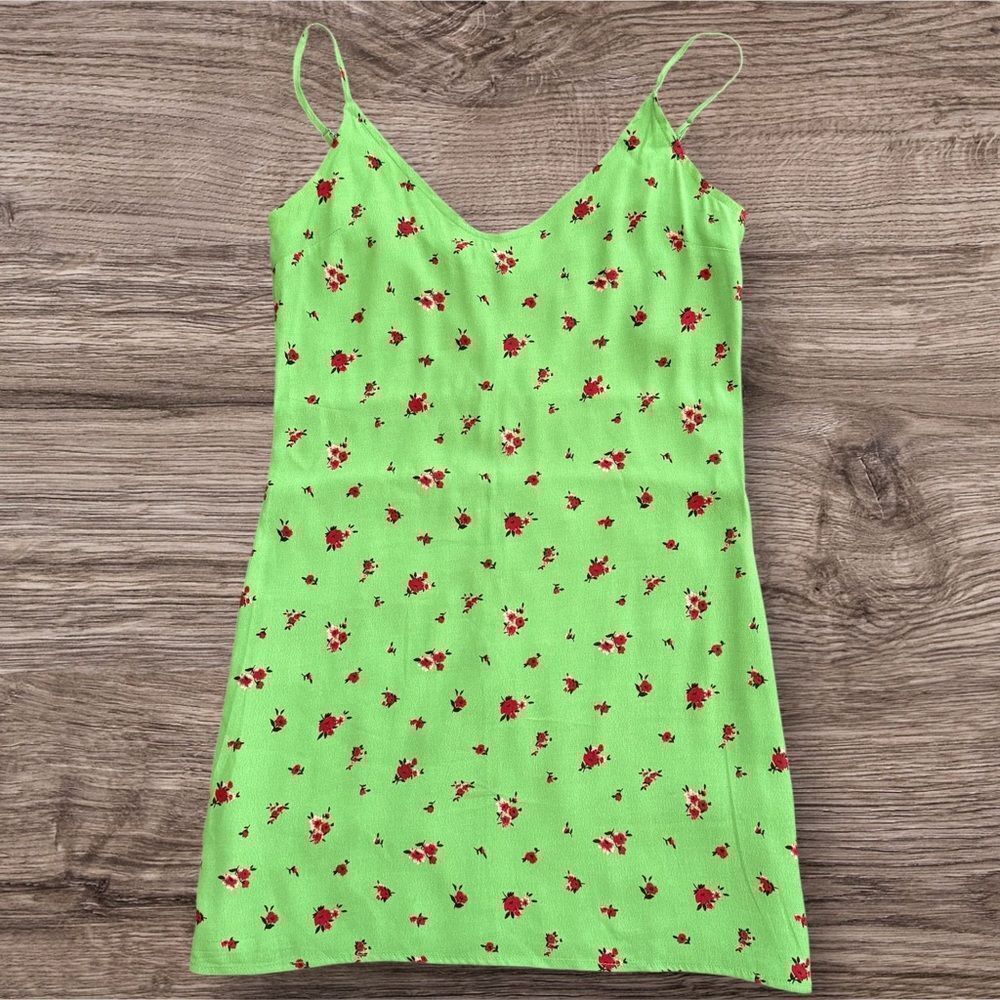 Forever 21 Lime Green Red Floral Mini Dress Spaghetti Strap Slip Dress Small